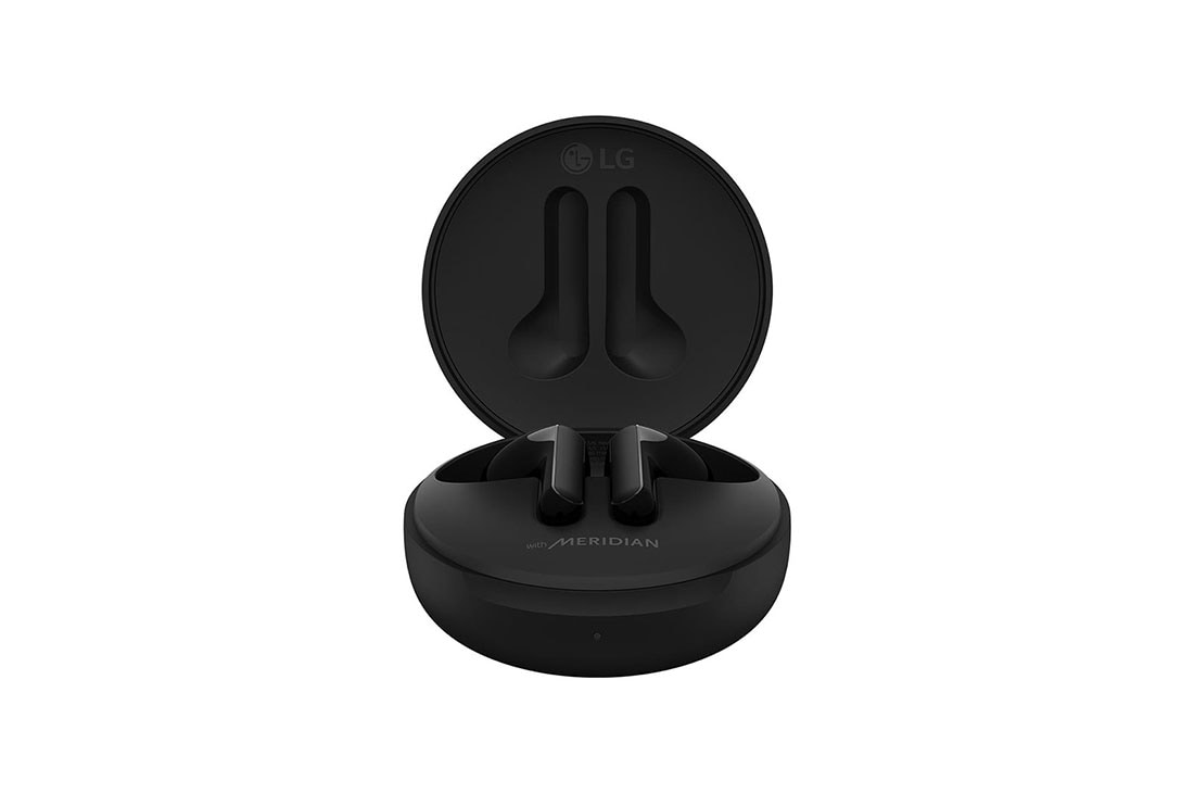 LG TONE Free HBS-FN6 Bluetooth Wireless Stereo Earbuds Black, A 45 degrees angle of a cradle opened up and two earbuds inside it, HBS-FN4, thumbnail 4