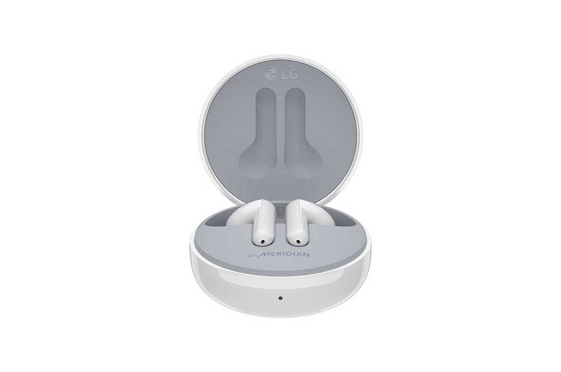 LG TONE Free HBS-FN4 Bluetooth® Wireless Stereo Earbuds with Meridian Audio (White), A 45 degrees angle of a cradle opened up and two earbuds inside it, HBS-FN4, thumbnail 4