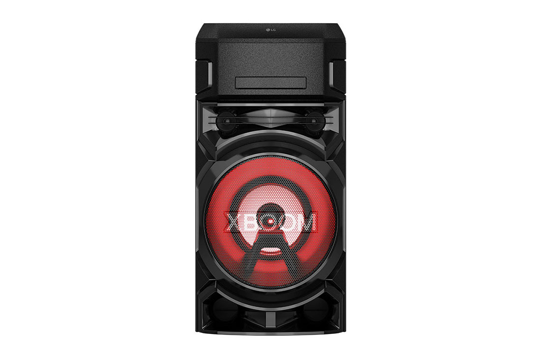 LG XBOOM ON5, DJ Audio System with Super Bass Boost, Party Strobe & DJ App, front view with red lighting, ON5