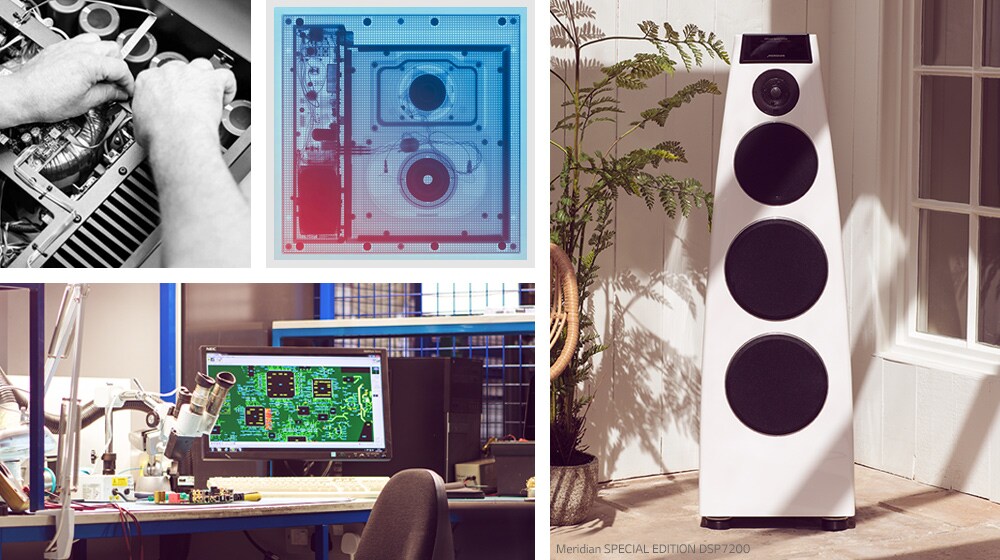 Collage. Clockwise from top-left: two images of Meridian internal hardware, a white Meridian speaker, and Meridian R&D desk.