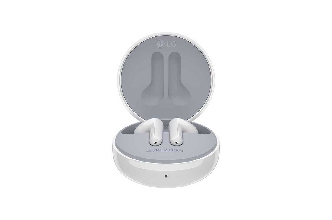 LG TONE Free HBS-FN6 Bluetooth® Wireless Stereo Earbuds (white), A 45 degrees angle of a cradle opened up and two earbuds inside it, HBS-FN6, thumbnail 4
