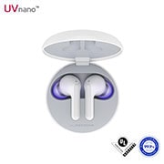 LG TONE Free HBS-FN6 Bluetooth® Wireless Stereo Earbuds (white), A top view of a cradle opened up and two earbuds inside it with UV lighting on, HBS-FN6, thumbnail 1