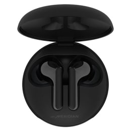 A top view of a cradle opened up and two earbuds inside it with UV lighting on2