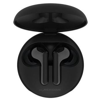 A top view of a cradle opened up and two earbuds inside it with UV lighting on1