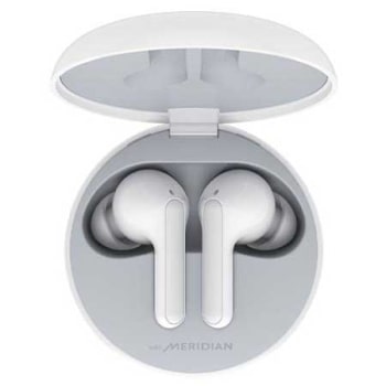 A top view of a cradle opened up and two earbuds inside it with UV lighting on1