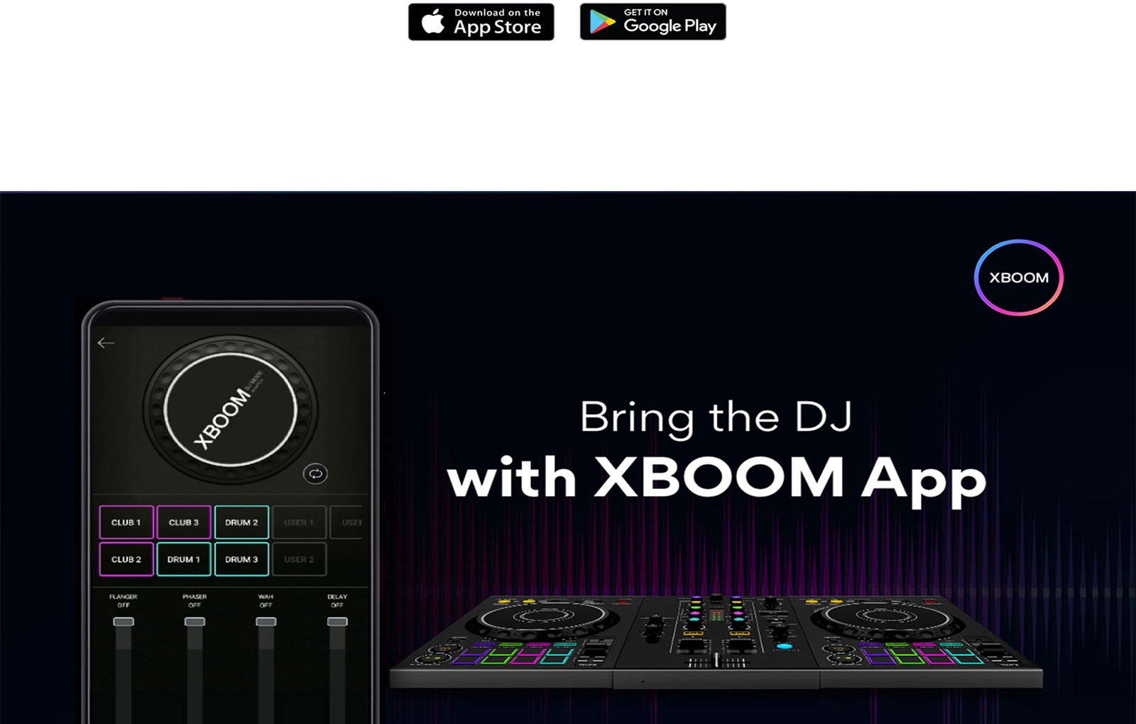 An image of a mobile phone showing the DJ MODE of the APP, and an actual DJ PAD next to it. At the top of the image is the XBOOM APP logo.