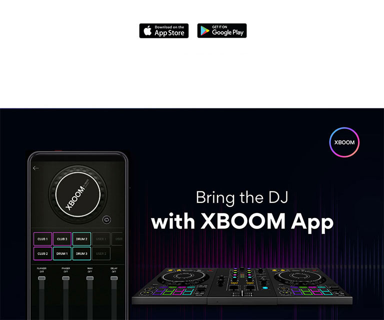 An image of a mobile phone showing the DJ MODE of the APP, and an actual DJ PAD next to it. At the top of the image is the XBOOM APP logo.
