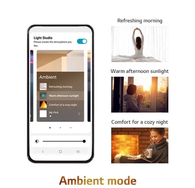 Mobile phone image with the APP screen on in ambient mode. The images include images of women sitting on beds reminiscent and stretching, women looking at the sunset, and women taking a break reading books.