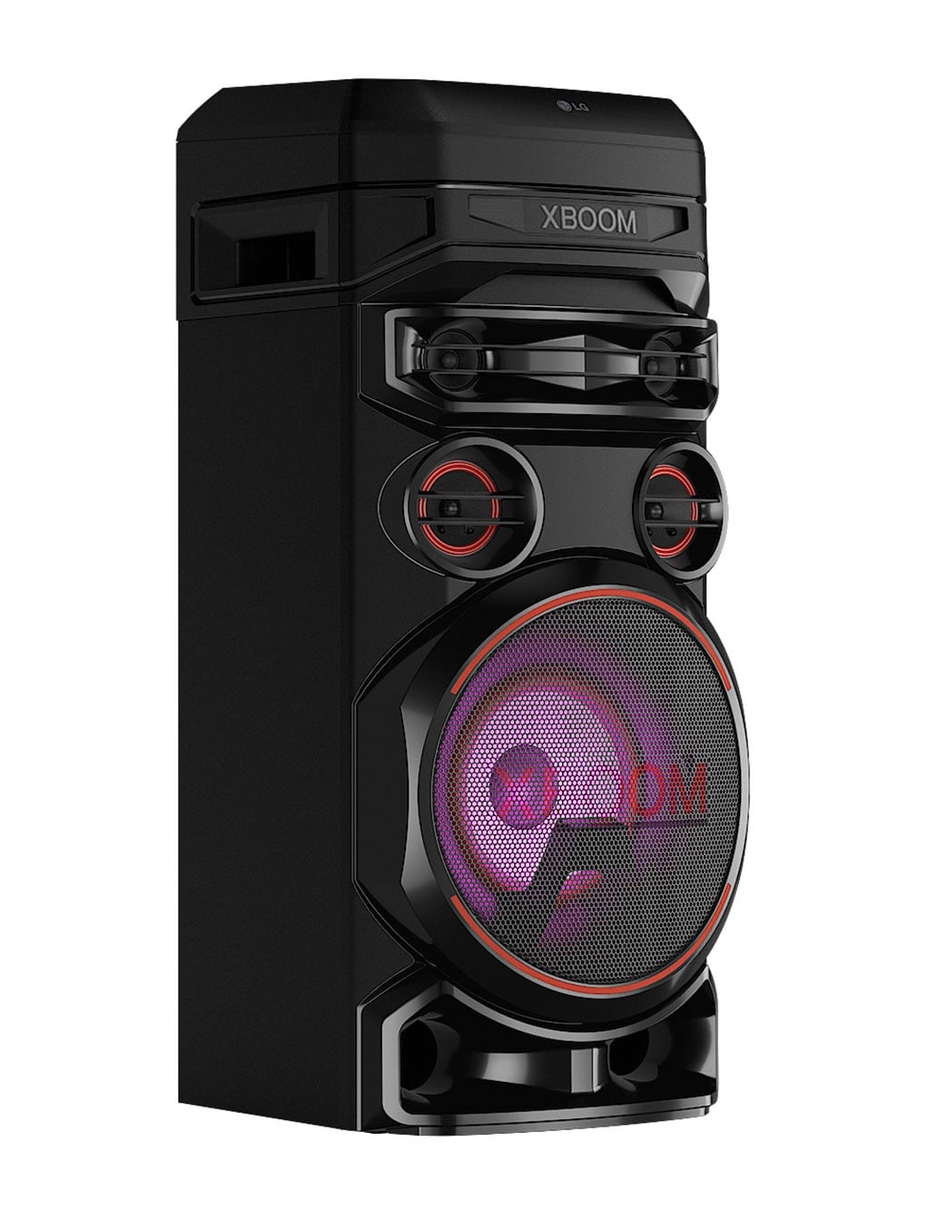 LG XBOOM RNC7, right 30 degree view with purple lighting, RNC7
