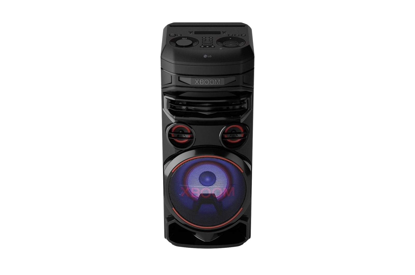 LG XBOOM RNC7, 45 degree top view with blue lighting, RNC7
