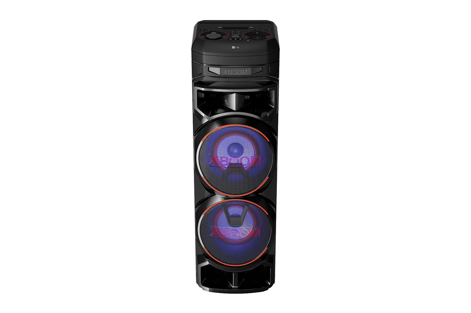 LG XBOOM RNC9, front view with blue lighting, RNC9
