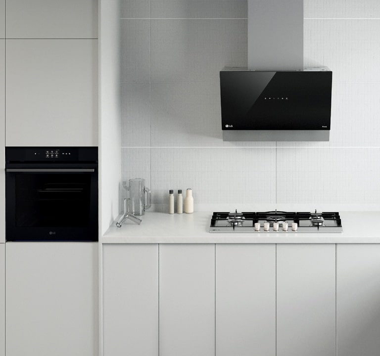 This is an image of the kitchen interior with LG built-in oven, hood, and gas hob installed.