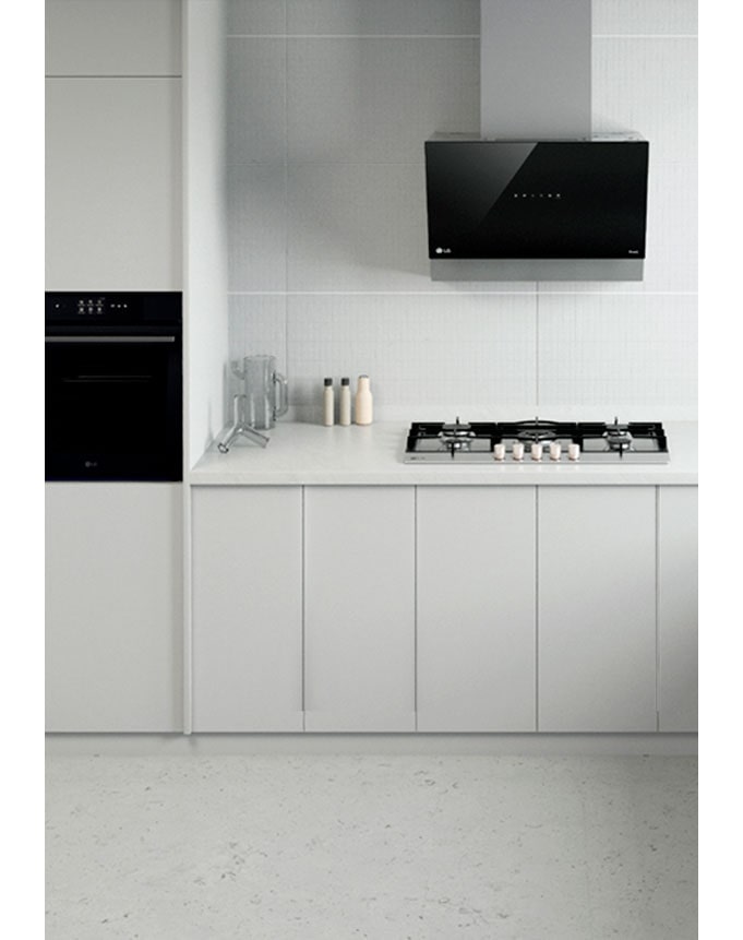 This is an image of the kitchen interior with LG built-in oven, hood, and gas hob installed.
