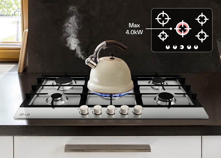 image of water boiling with the strong firepower of LG gas hob. The center burner for maximum firepower is highlighted.