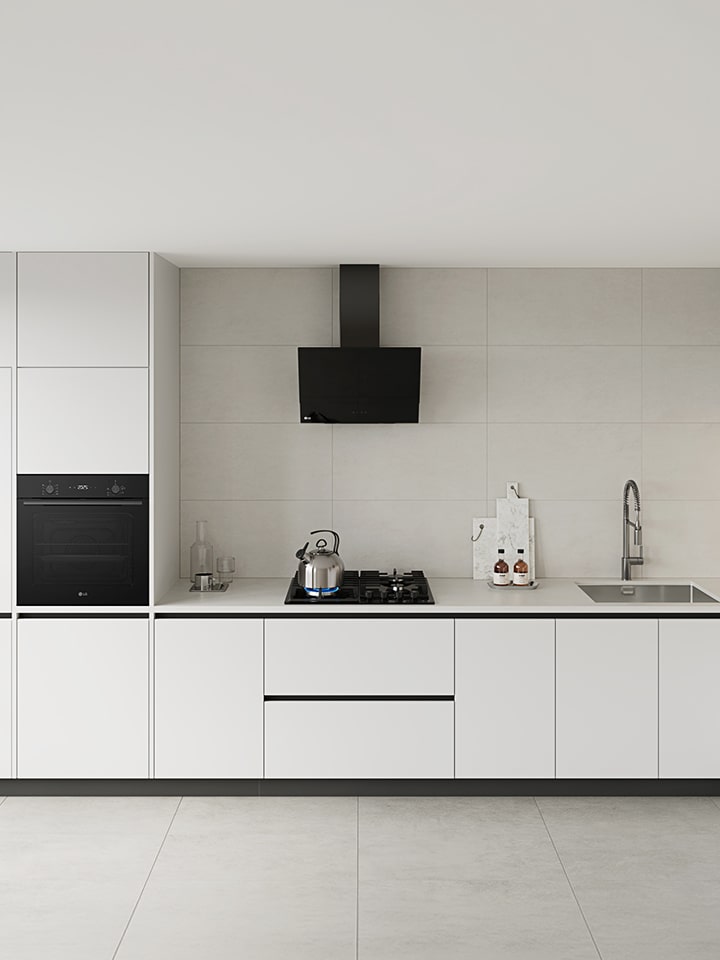 Modern kitchen interior featuring a built-in black gas cooktop with flame burner, integrated oven and wall-mounted hood.