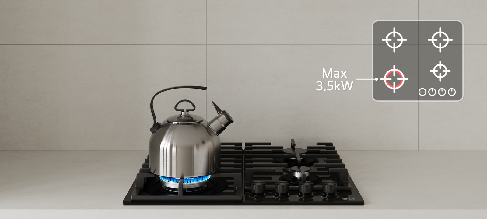 Black gas cooktop with blue flame burner boiling kettle, highlighting max 3.5 kW power for fast heating and powerful boost performance.