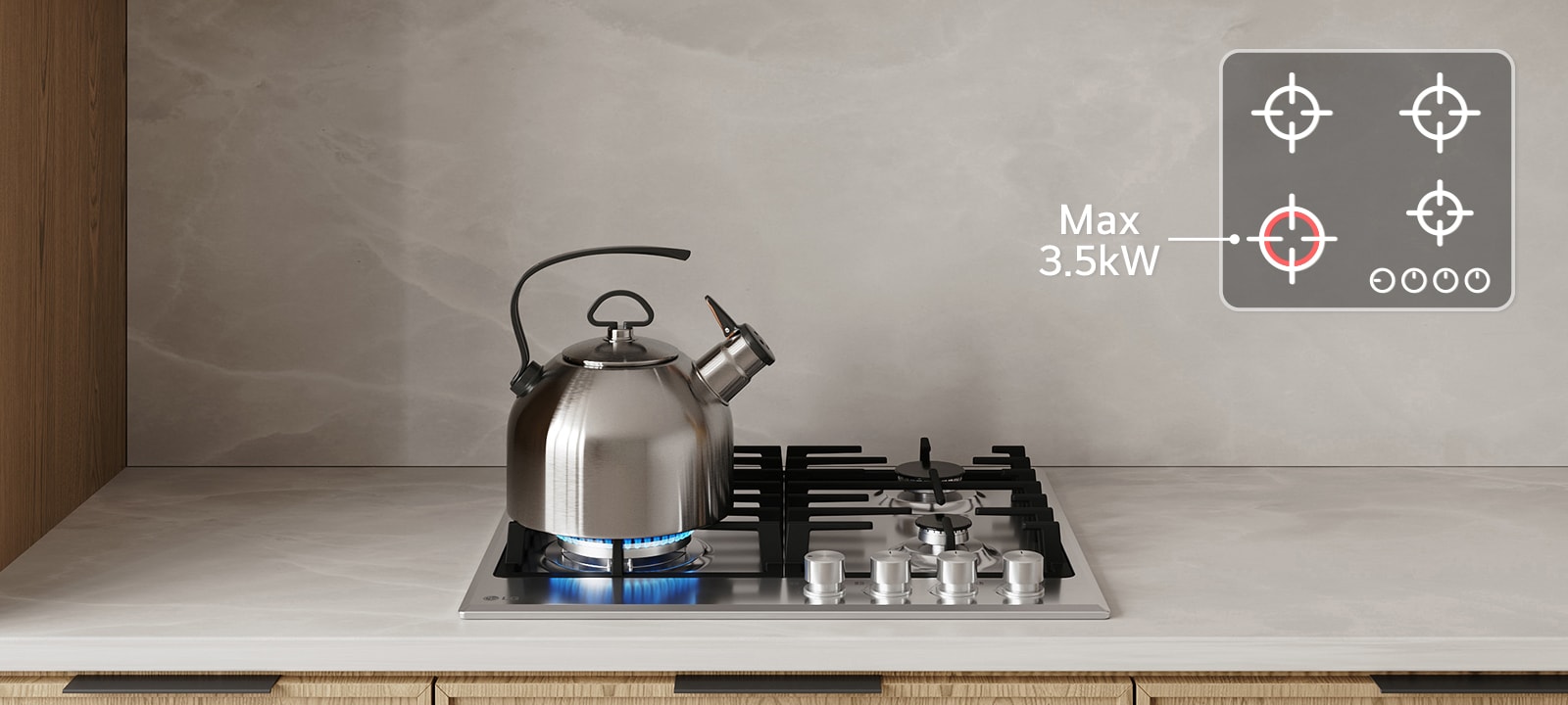 Black gas cooktop with blue flame burner boiling kettle, highlighting max 3.5 kW power for fast heating and powerful boost performance.