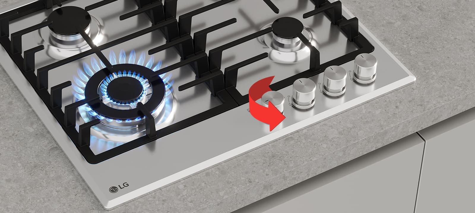 Close-up of black gas cooktop with blue flame burner and front rotary knobs for precise heat control adjustment.