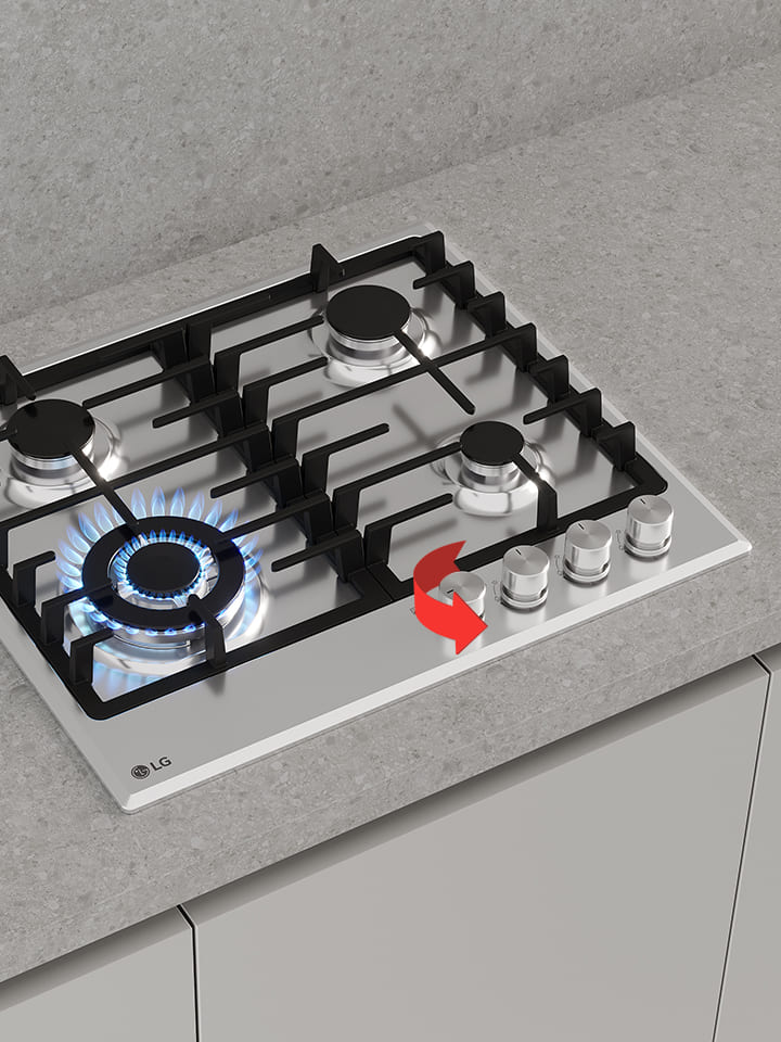 Close-up of black gas cooktop with blue flame burner and front rotary knobs for precise heat control adjustment.