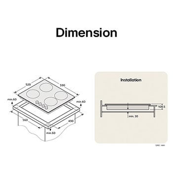 LG 60cm Built-In Gas Cooktop, 7.85kW Total Power with Cast Iron Wok Grids, Cooktop dimension and installation diagram with measurements and clearance guide., CG3D2414S, thumbnail 2