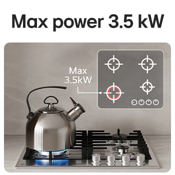 LG 60cm Built-In Gas Cooktop, 7.85kW Total Power with Cast Iron Wok Grids, Black gas cooktop with blue flame, max 3.5 kW fast heating., CG3D2414S, thumbnail 3