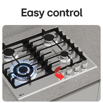 LG 60cm Built-In Gas Cooktop, 7.85kW Total Power with Cast Iron Wok Grids, Close-up of black gas cooktop with blue flame and rotary knobs., CG3D2414S, thumbnail 4