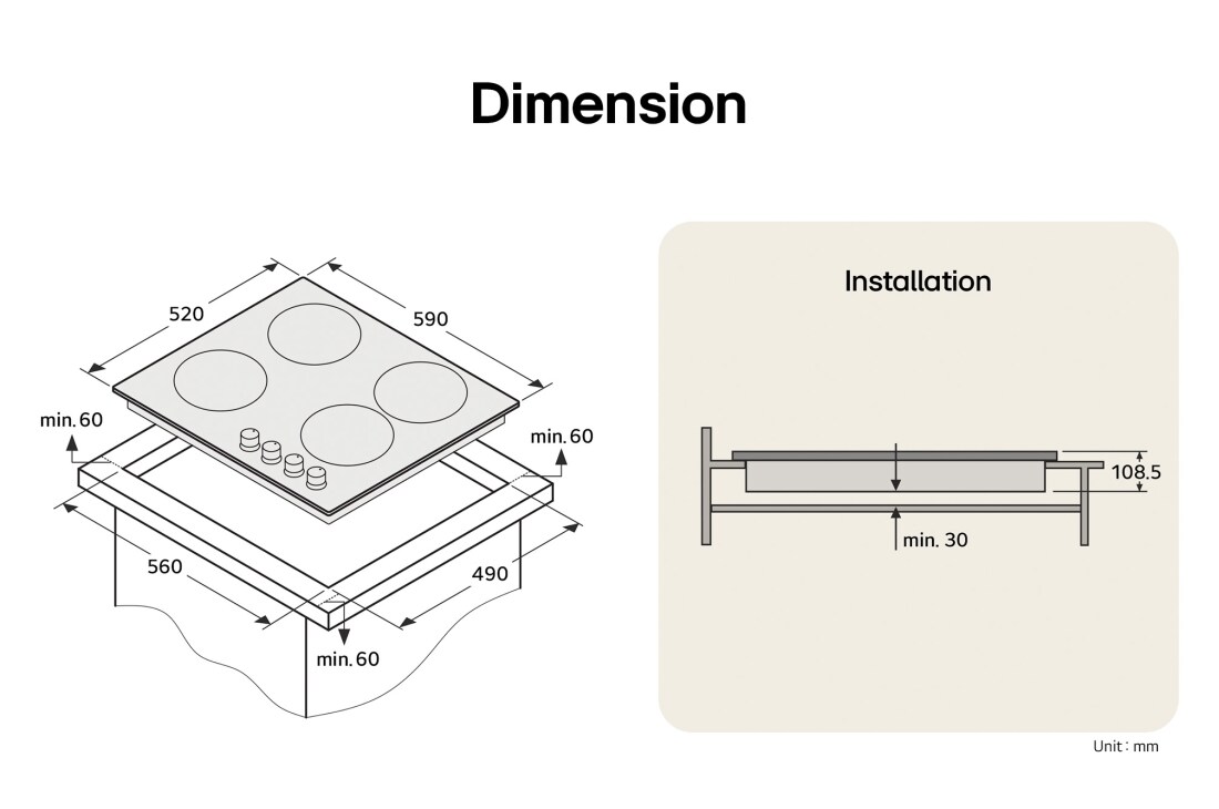 LG 60cm Built-In Gas Cooktop, 7.85kW Total Power with Cast Iron Wok Grids, Cooktop dimension and installation diagram with measurements and clearance guide., CG3D2414S, thumbnail 2