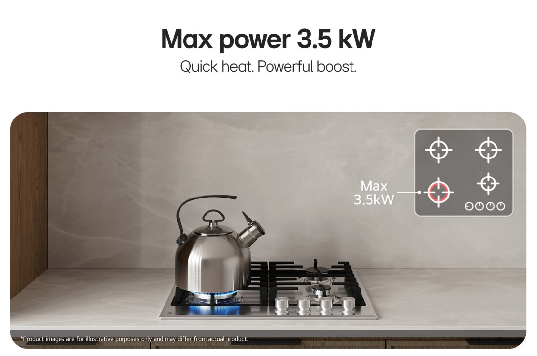 LG 60cm Built-In Gas Cooktop, 7.85kW Total Power with Cast Iron Wok Grids, Black gas cooktop with blue flame, max 3.5 kW fast heating., CG3D2414S, thumbnail 3
