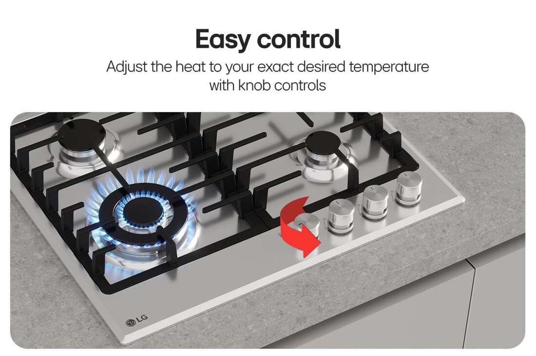 LG 60cm Built-In Gas Cooktop, 7.85kW Total Power with Cast Iron Wok Grids, Close-up of black gas cooktop with blue flame and rotary knobs., CG3D2414S, thumbnail 4