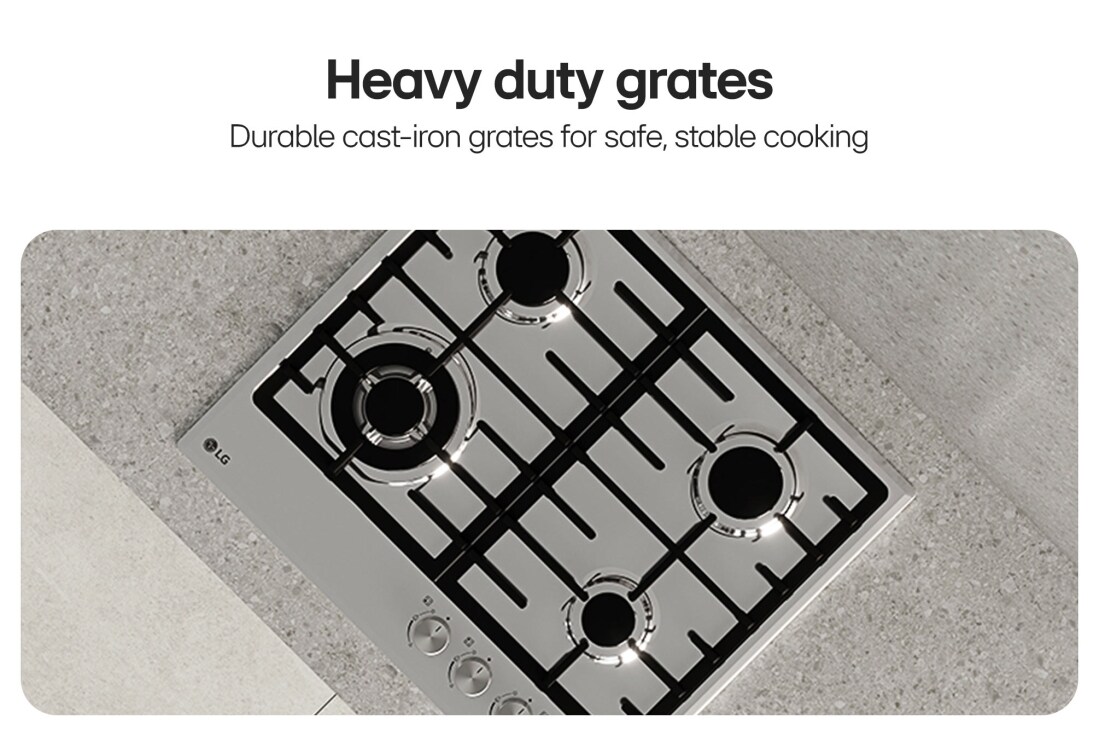 LG 60cm Built-In Gas Cooktop, 7.85kW Total Power with Cast Iron Wok Grids, Top view of black gas cooktop with cast-iron grates., CG3D2414S, thumbnail 5