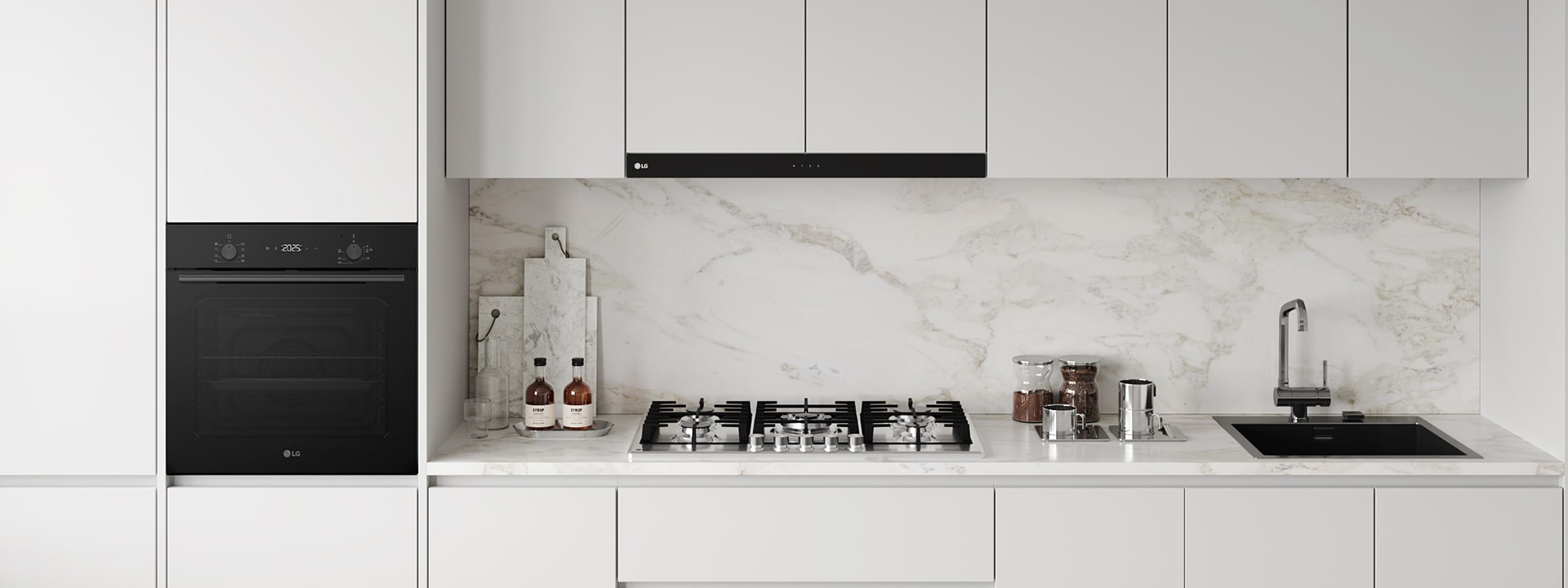 Modern kitchen with built-in black gas cooktop, integrated oven, and stainless steel sink.