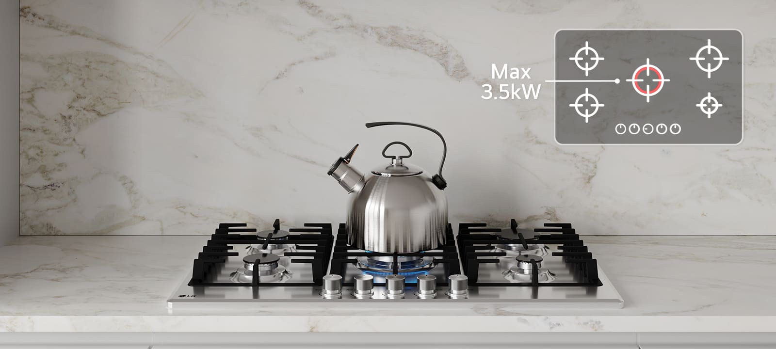 Black gas cooktop with blue flame burner boiling kettle, highlighting max 3.5 kW power for fast heating and powerful boost performance.