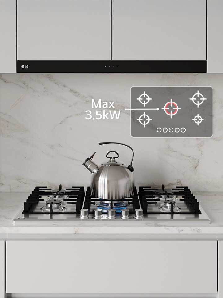 Black gas cooktop with blue flame burner boiling kettle, highlighting max 3.5 kW power for fast heating and powerful boost performance.