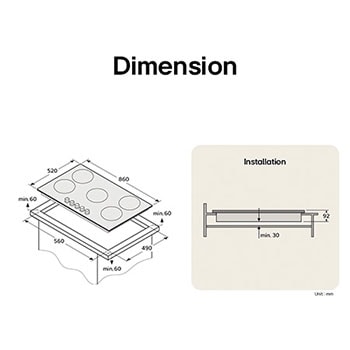 LG Built-In 90cm Gas Cooktop, 4.0kW Powerful Wok Burner Stainless Steel Finish, Cooktop dimension and installation diagram with measurements and clearance guide., CG5D3626S, thumbnail 2