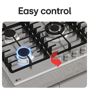 LG Built-In 90cm Gas Cooktop, 4.0kW Powerful Wok Burner Stainless Steel Finish, Close-up of black gas cooktop with blue flame and rotary knobs., CG5D3626S, thumbnail 4