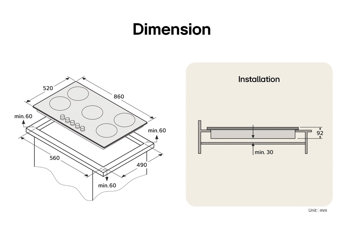 LG Built-In 90cm Gas Cooktop, 4.0kW Powerful Wok Burner Stainless Steel Finish, Cooktop dimension and installation diagram with measurements and clearance guide., CG5D3626S, thumbnail 2