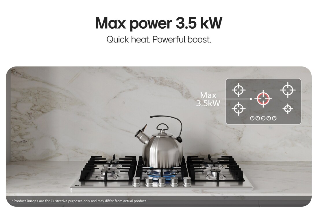 LG Built-In 90cm Gas Cooktop, 4.0kW Powerful Wok Burner Stainless Steel Finish, Black gas cooktop with blue flame, max 3.5 kW fast heating., CG5D3626S, thumbnail 3