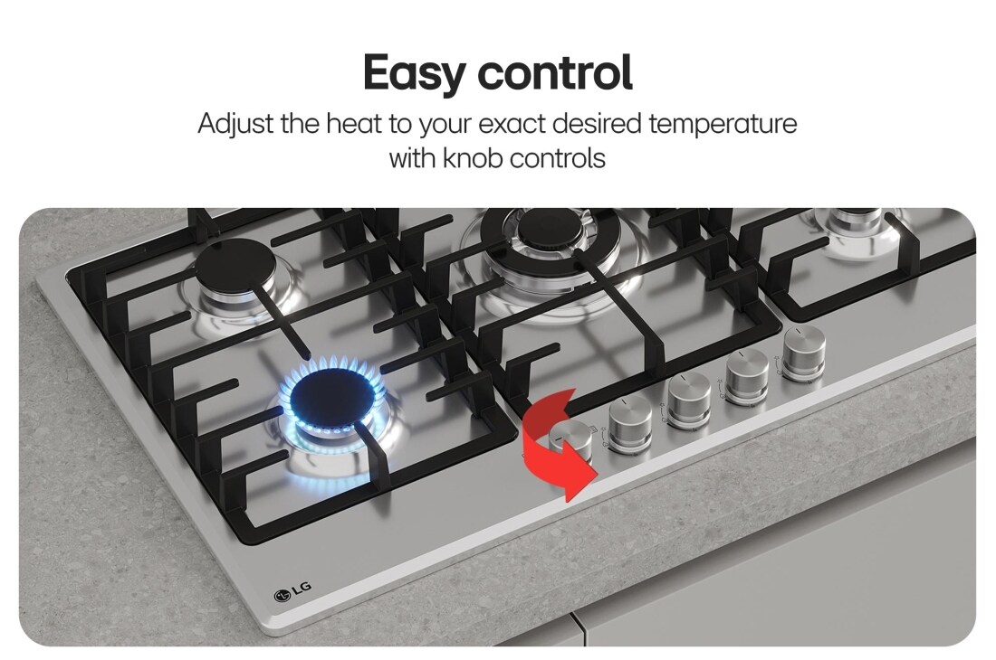 LG Built-In 90cm Gas Cooktop, 4.0kW Powerful Wok Burner Stainless Steel Finish, Close-up of black gas cooktop with blue flame and rotary knobs., CG5D3626S, thumbnail 4