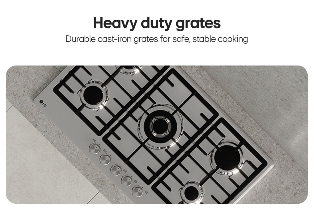 LG Built-In 90cm Gas Cooktop, 4.0kW Powerful Wok Burner Stainless Steel Finish, Top view of black gas cooktop with cast-iron grates., CG5D3626S, thumbnail 5