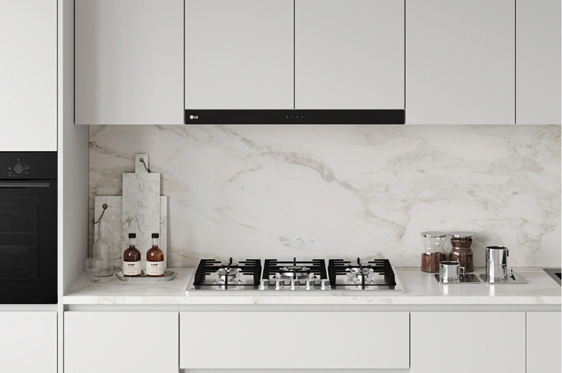 LG Built-In 90cm Gas Cooktop, 4.0kW Powerful Wok Burner Stainless Steel Finish, Modern kitchen with built-in black gas cooktop and integrated oven., CG5D3626S, thumbnail 15