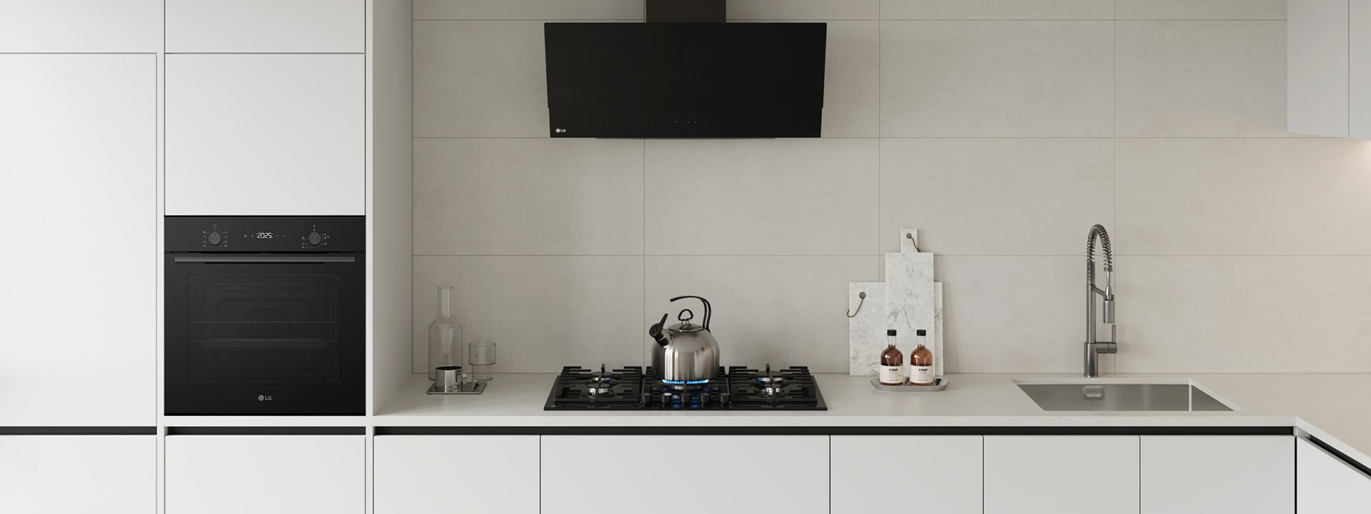 Modern kitchen interior featuring a built-in black gas cooktop with flame burner, integrated oven and wall-mounted hood.