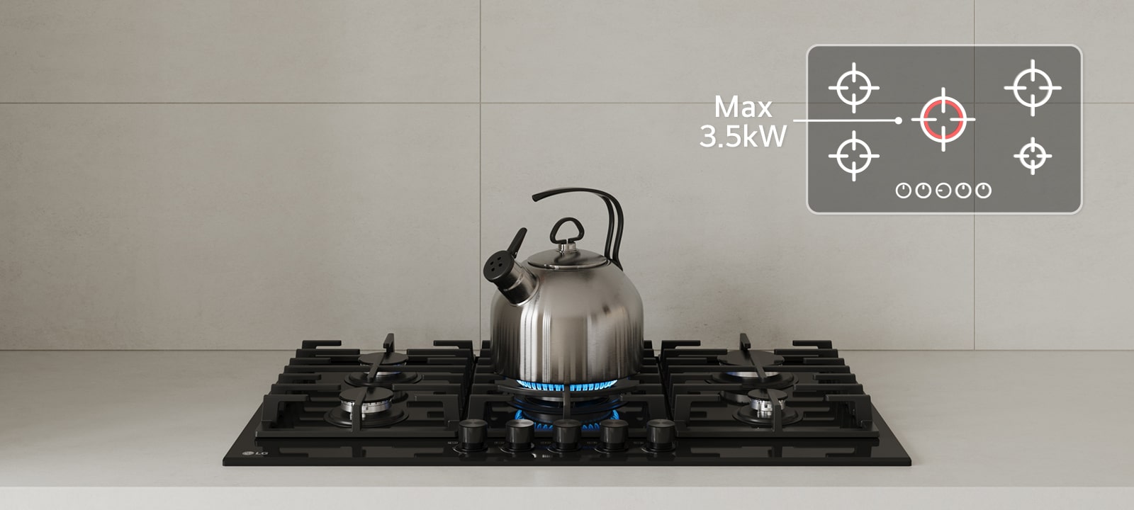 Black gas cooktop with blue flame burner boiling kettle, highlighting max 3.5 kW power for fast heating and powerful boost performance.