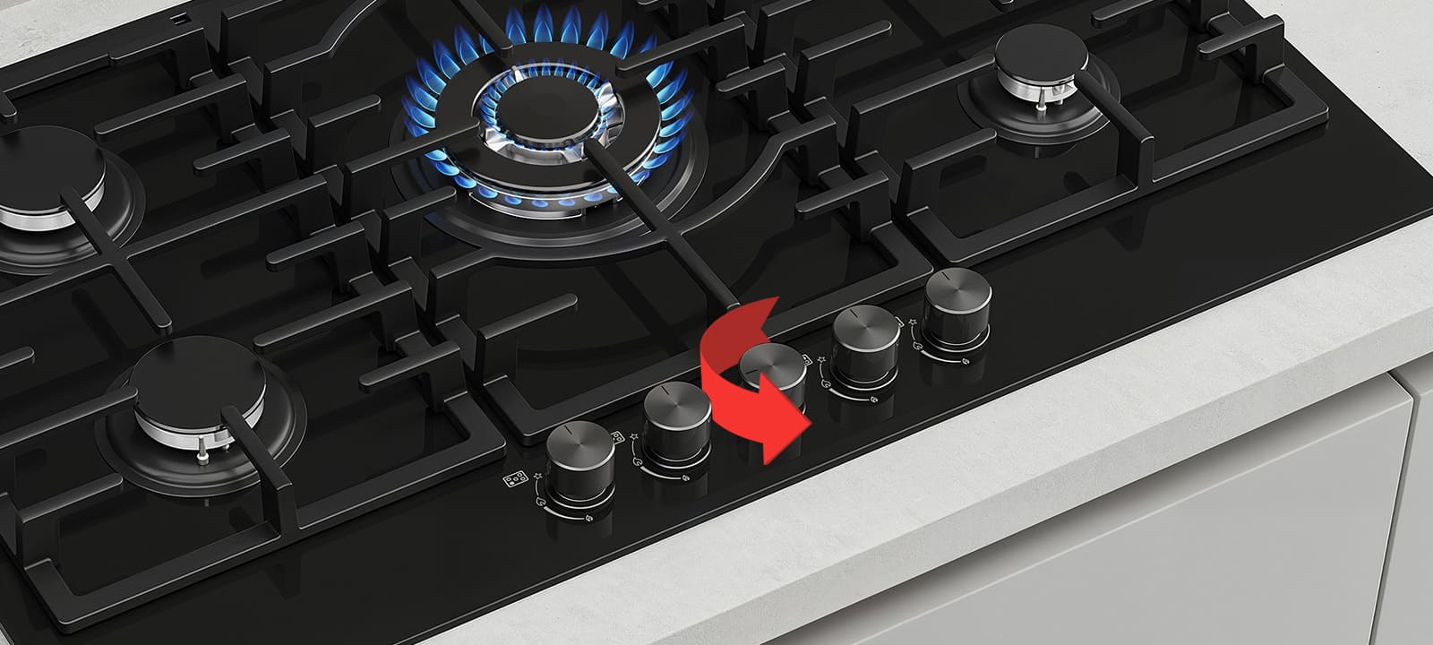 Close-up of black gas cooktop with blue flame burner and front rotary knobs for precise heat control adjustment.