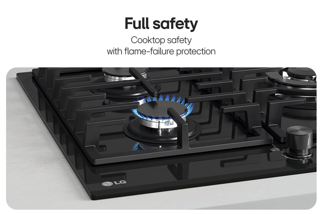 LG 90cm Built-In Gas Cooktop with Cast Iron Wok Grids and Black Tempered Glass, Black gas cooktop with flame-failure safety., CG7D3626G, thumbnail 6