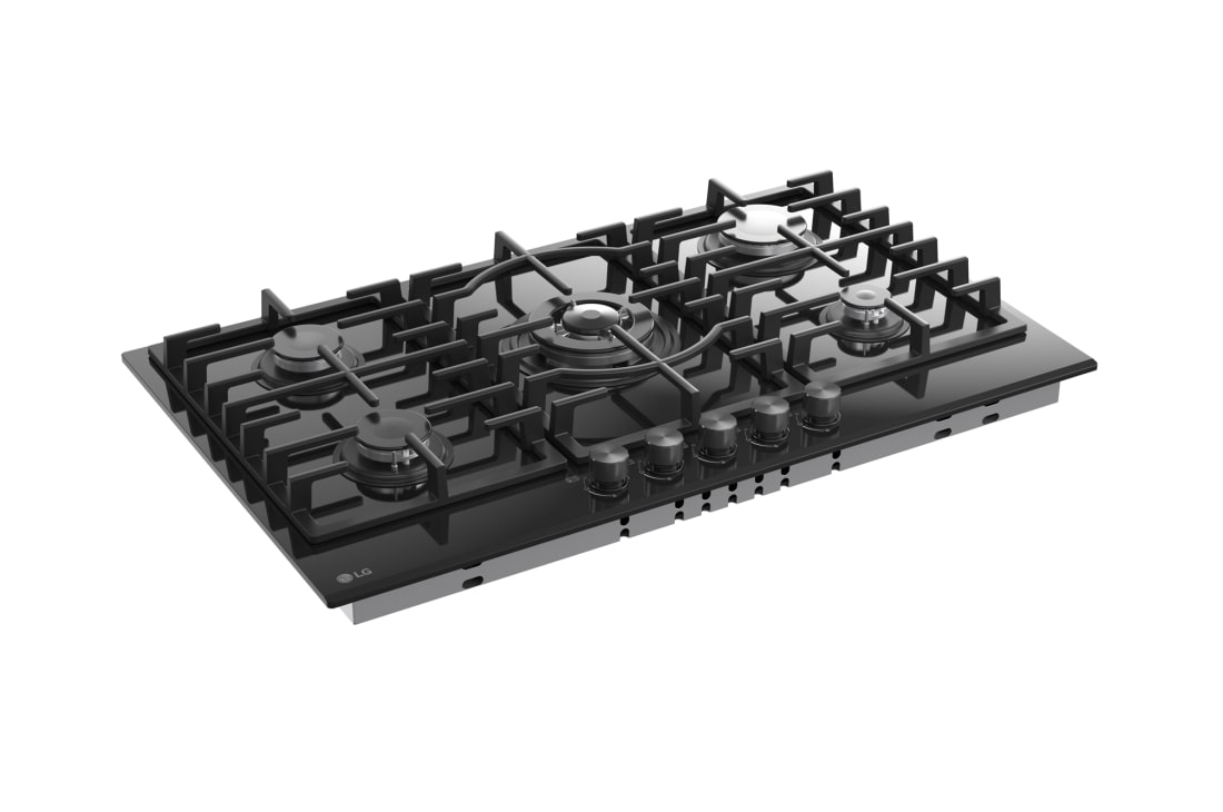 LG 90cm Built-In Gas Cooktop with Cast Iron Wok Grids and Black Tempered Glass, LG cooktop left angled view, CG7D3626G, thumbnail 11