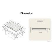 LG 90cm Built-In Gas Cooktop with Cast Iron Wok Grids and Black Tempered Glass, Cooktop dimension and installation diagram with measurements and clearance guide., CG7D3626G, thumbnail 2