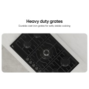 LG 90cm Built-In Gas Cooktop with Cast Iron Wok Grids and Black Tempered Glass, Top view of black gas cooktop with cast-iron grates., CG7D3626G, thumbnail 5