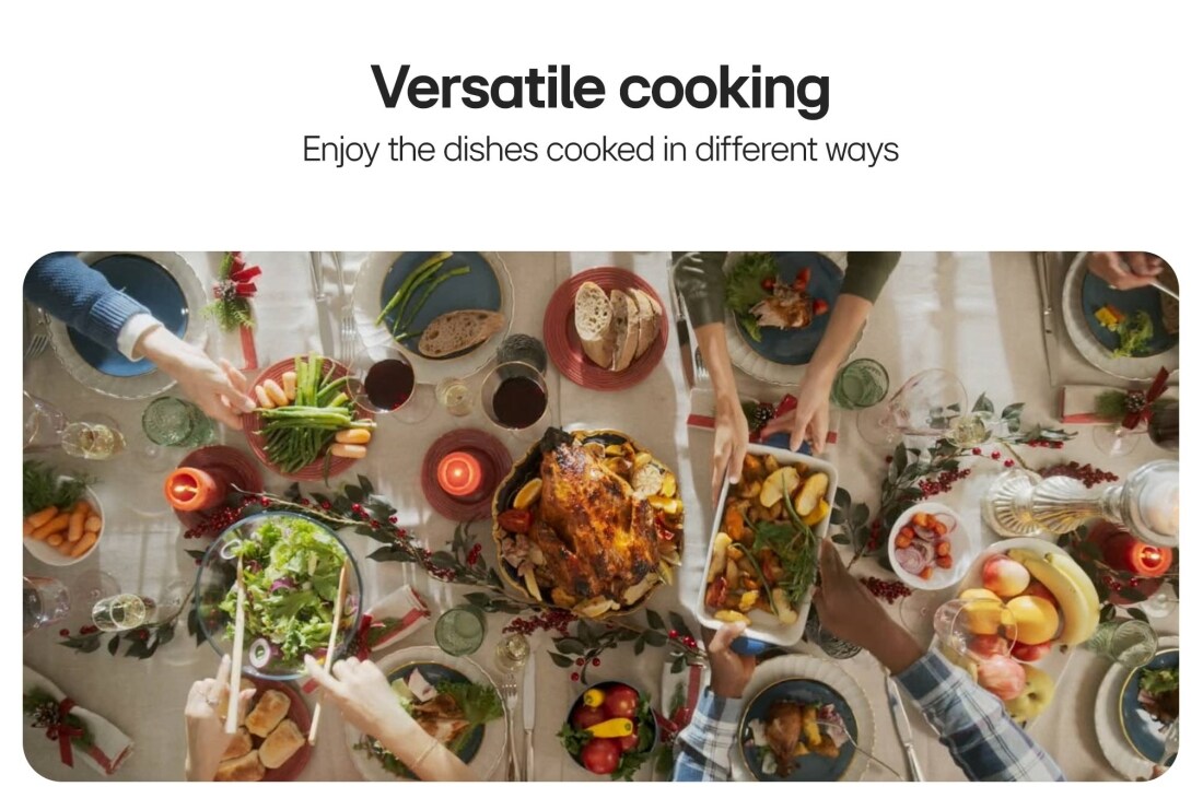 LG Built-In 60cm Electric Oven, 61L Capacity with Air Fry Function, Top view of people sharing a meal with roast turkey and side dishes at a dining table., WS5D6010G, thumbnail 4