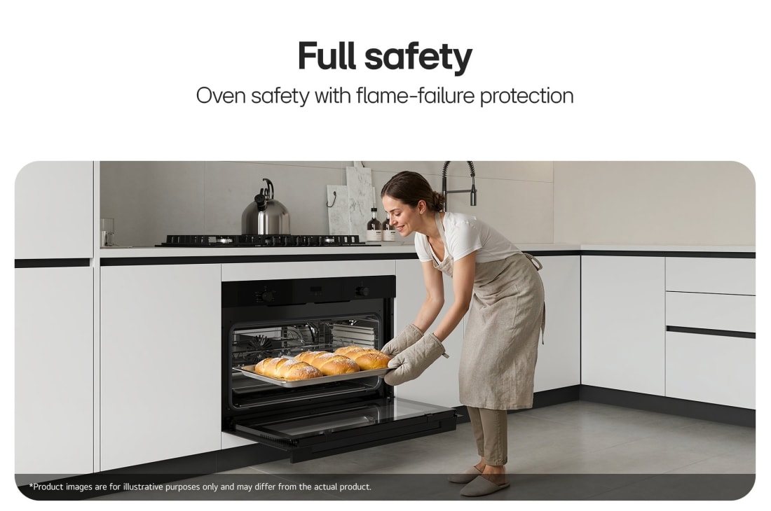 LG 90cm Built-In Gas Oven, 52L Capacity with Air Fry Function, Woman placing a tray of baked pastries into a built-in oven., WSG5D9611G, thumbnail 7