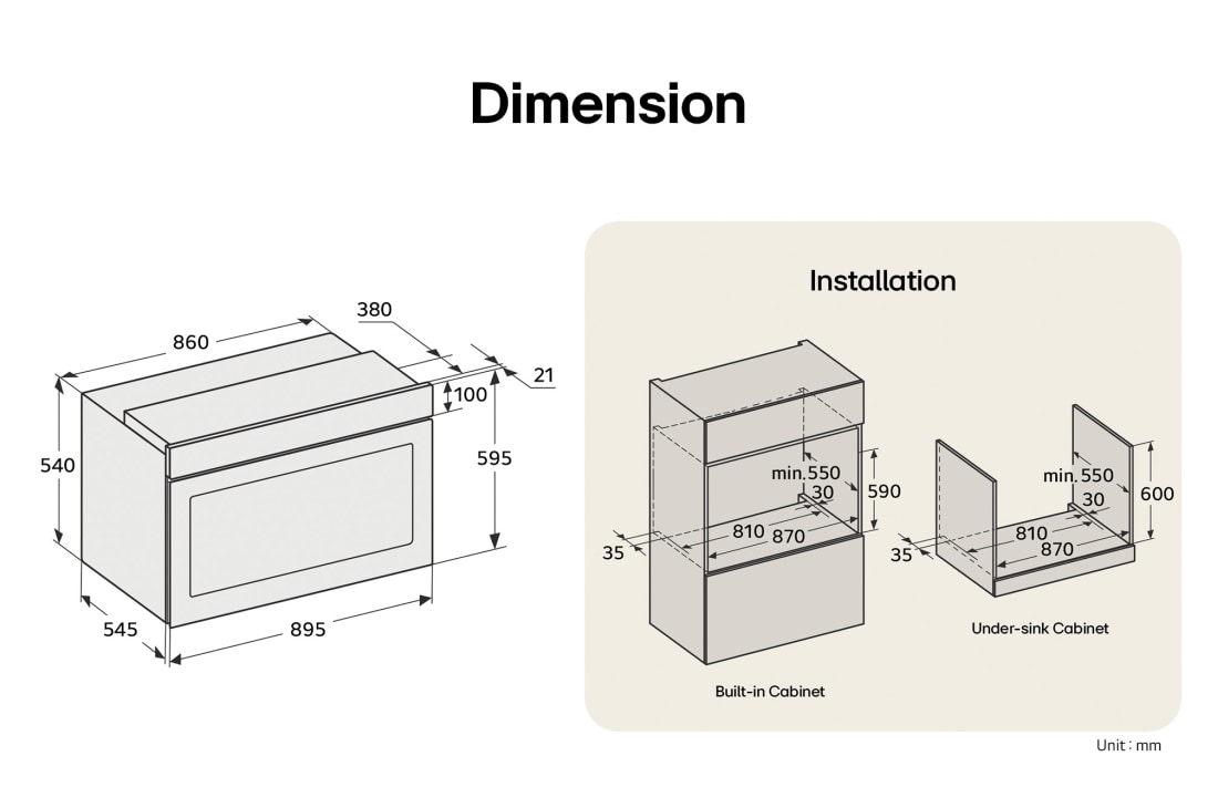 LG 90cm Built-In Gas Oven, 52L Capacity with Air Fry Function, Oven dimensions and built-in cabinet installation diagram with measurements., WSG5D9611G, thumbnail 14